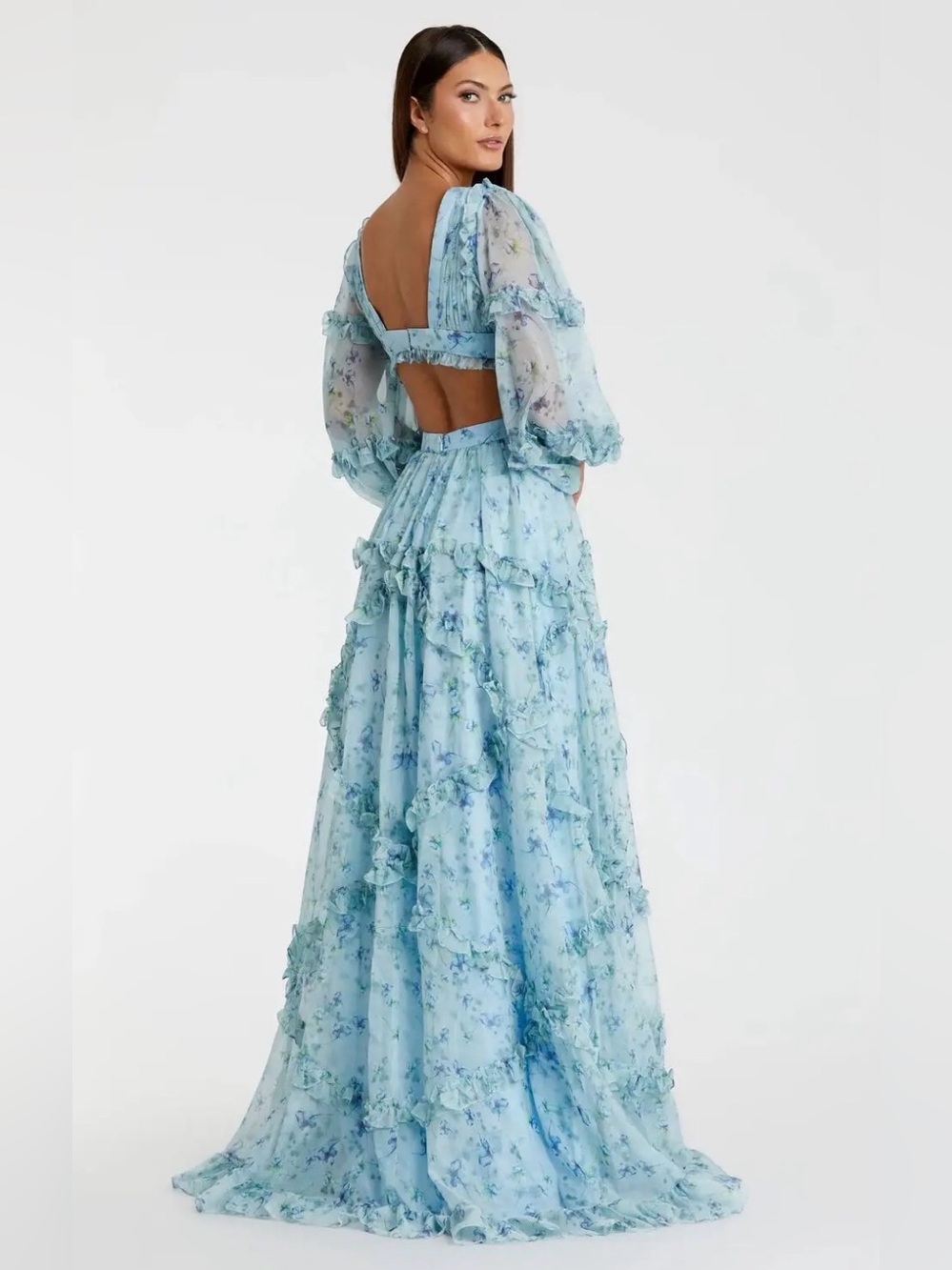 Mac Duggal Ruffle Tiered Floral Cutout Long Sleeve Gown Sz: 2 #70249
in Blue